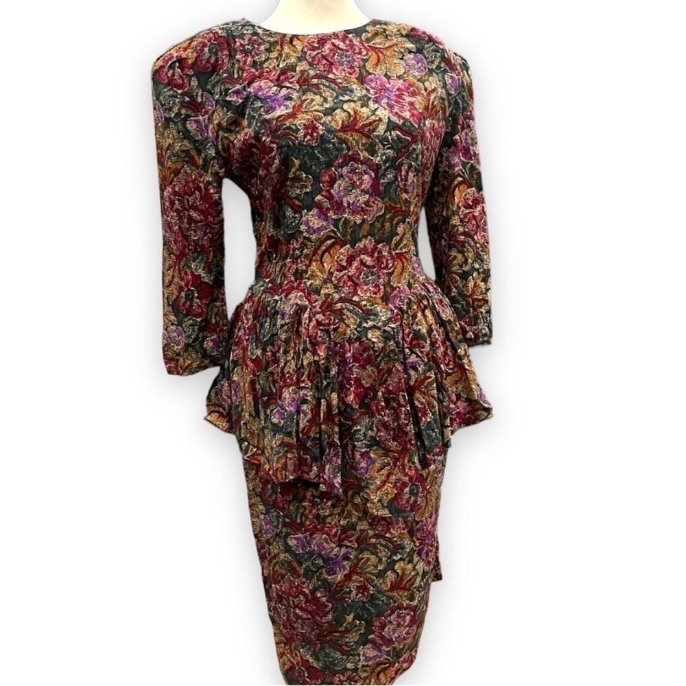 VTG 80s Dark Floral Peplum Dress Avant Garde Power Silhouette Editorial Goth 6 - Picture 2 of 11